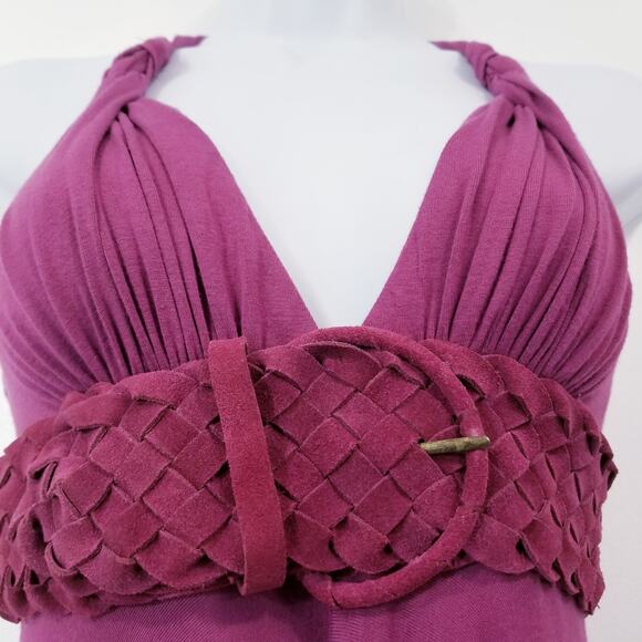 Sky Purple Halter Dress Braided Thick Belt Empire Waist Y2K Style - Picture 3 of 14